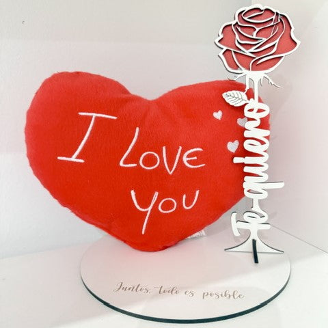Regalo de San Valentín: Peluche Corazón + Rosa de Madera- Regalo enamorados